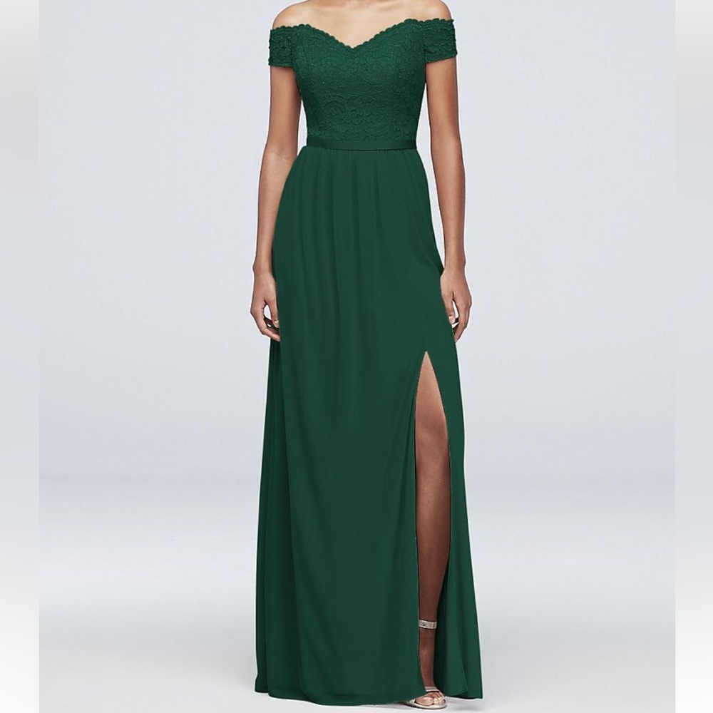 Green off-the-shoulder David’s Bridal Bridesmaids Dress